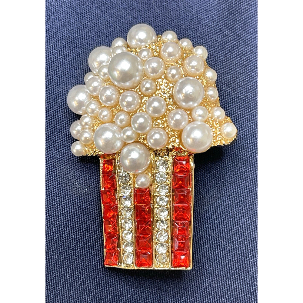 NWOT Popcorn Brooch Pin Gold Tone White Faux Pearl Red Rhinestone Food Movies